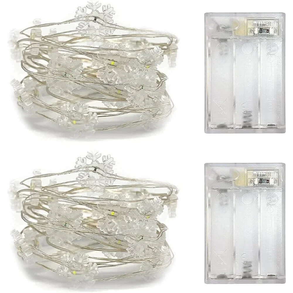 Enchanting 2 Pack Mini Snowflake LED Fairy Lights with Timer - 10ft Cold White